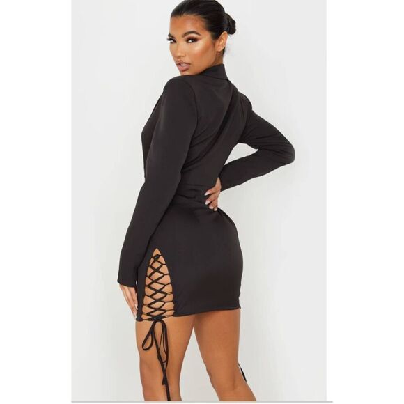 NWT Pretty Little Thing Black Hook And Eye Lace Up Detail Long Sleeve Blazer Dre - Picture 2 of 8